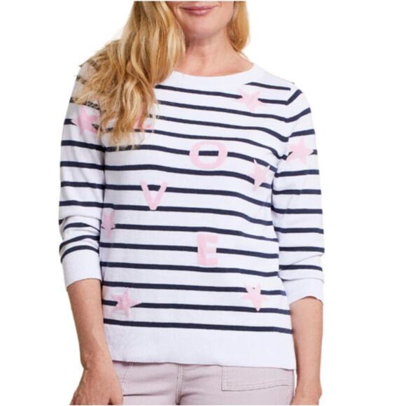 TRIBAL Breton Striped Nautical LOVE Sweater Womens S Blue Pink Coastal 4th July - Picture 2 of 10